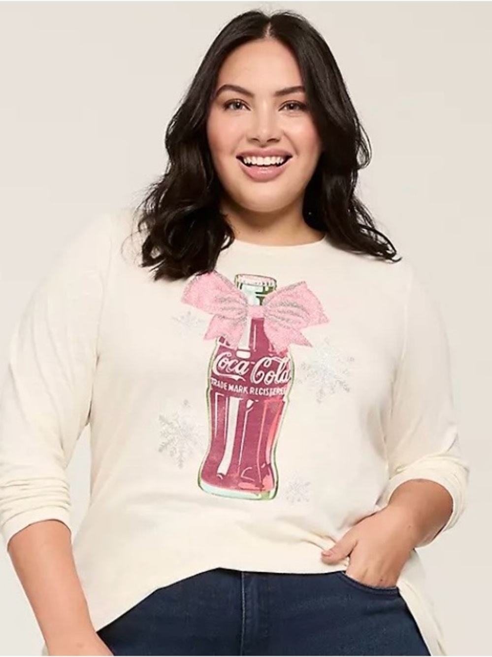 NWOT Coca Cola Cream Long Sleeve Tee with shimmer Pink Bow Bottle Graphic